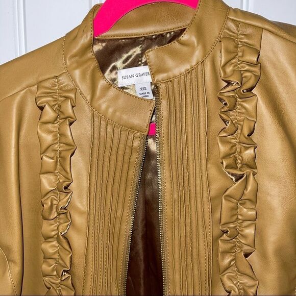 Susan Graver Vintage Tan Faux Leather Ruffle Jacket; SZ XXS; Great Condition - Picture 3 of 6